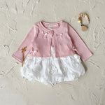 Baby Girl 3D Rose Knit Set – Pink Knitted Top & Beige Puff Skirt Outfit for Autumn (0–3 Years)