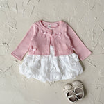 Baby Girl 3D Rose Knit Set – Pink Knitted Top & Beige Puff Skirt Outfit for Autumn (0–3 Years)