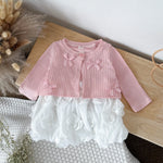 Baby Girl 3D Rose Knit Set – Pink Knitted Top & Beige Puff Skirt Outfit for Autumn (0–3 Years)