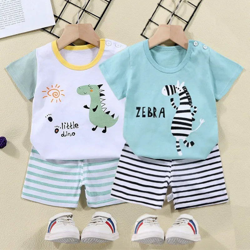 Cotton Tees+Shorts 2-piece Tracksuit Set Kid Cartoon Zebra Dinosaur Print Summer Suit Children Boys Girls Baby 1-6 Years Clothes