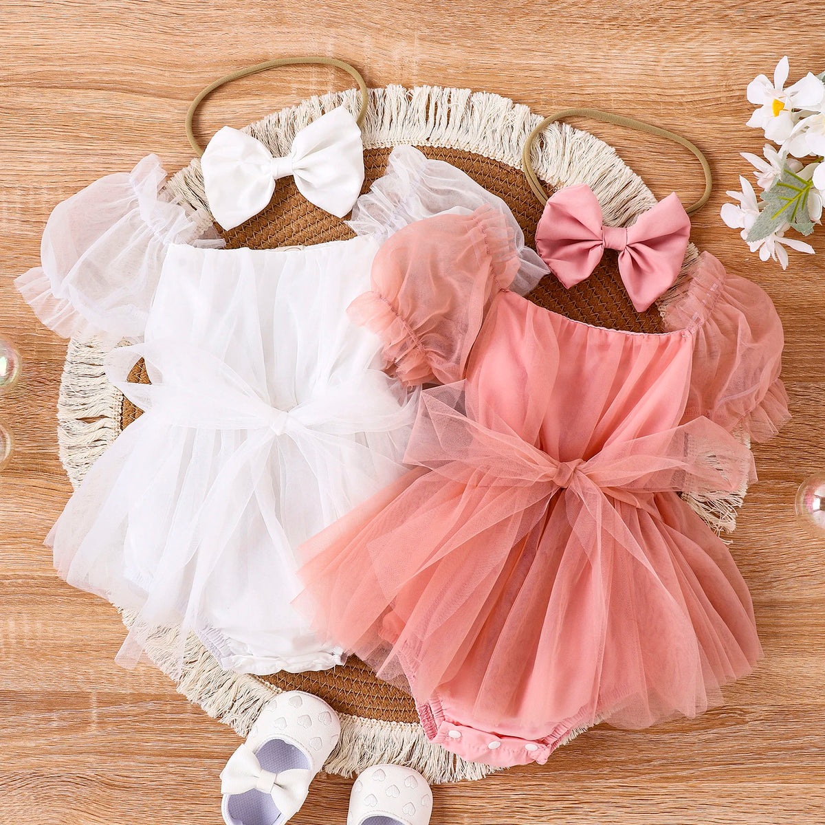 2PCS Summer Baby Girls 0-2 Years Old Baby Soft And Comfortable Net Color Two-Color Gauze Skirt Dress + Hijab