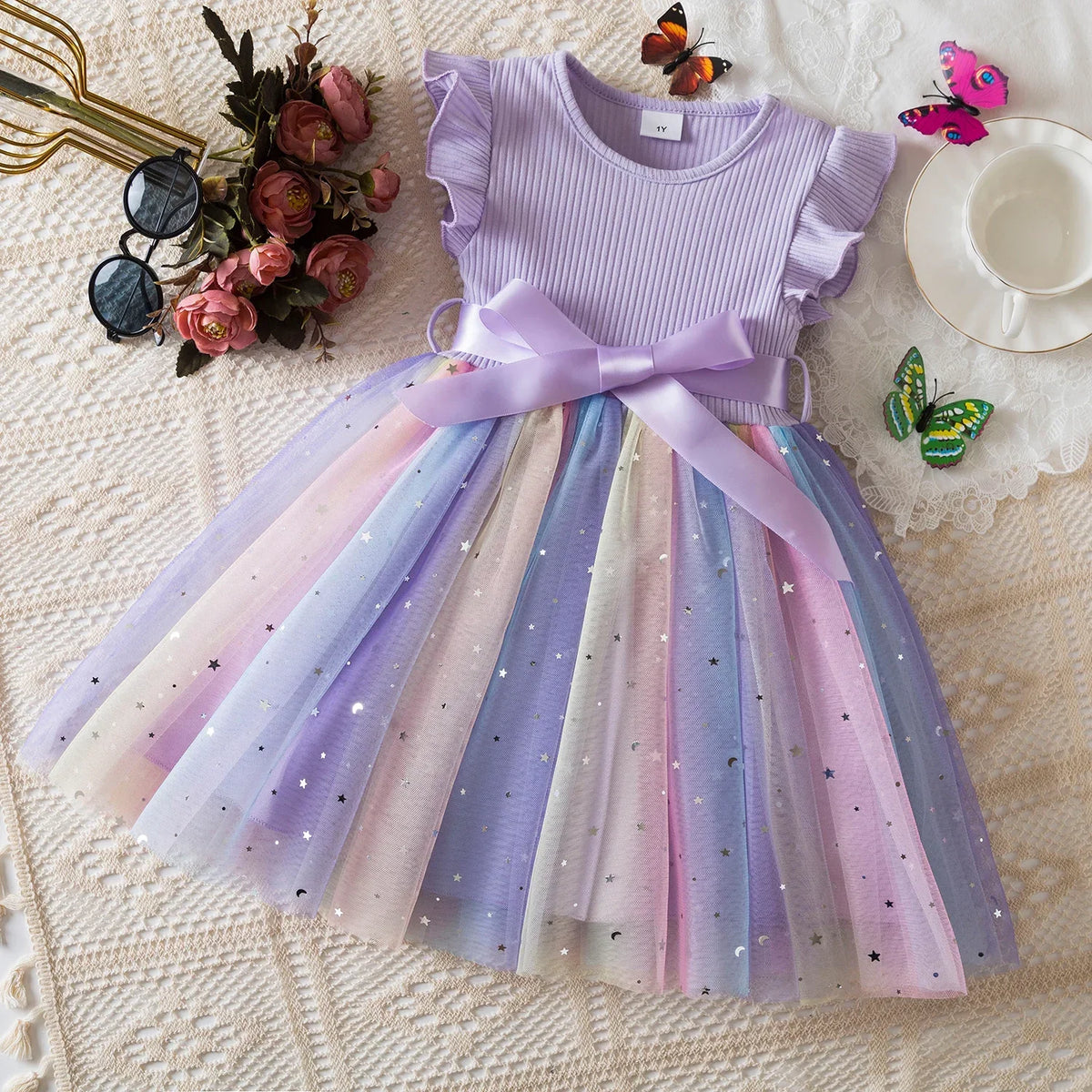 New Girls Dress for Sequins Birthday 1-5Y Toddler Girls Rainbow Tulle Dress Sweet Kids Princess Dress for Girls 2025 Summer Wear